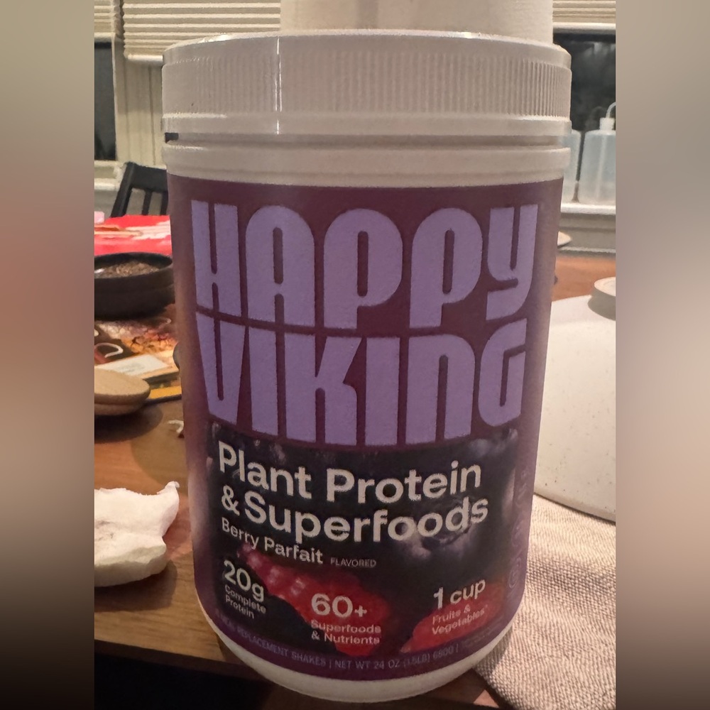 Unopened Happy Viking brand protein shake - Berry Parfait 24oz canister